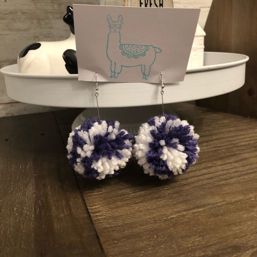 Purple & white Pom Pom earrings